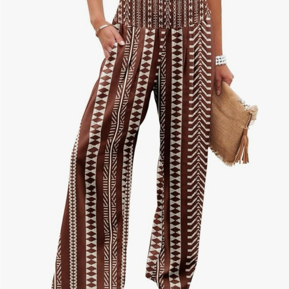 Brown and White Wide Leg Pants with Geometric Stripes